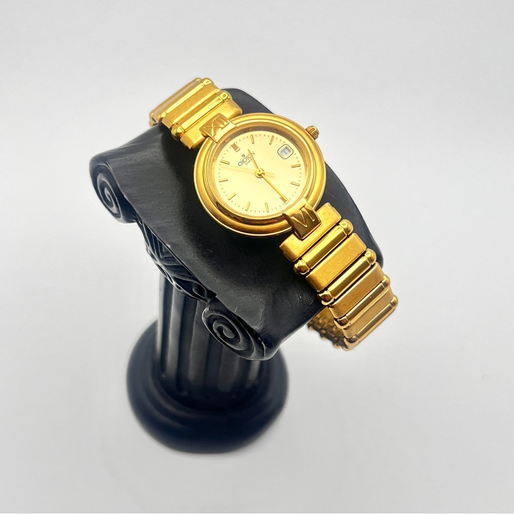 Vintage CROTON Ladies Gold Tone Watch Round Face Date Window 7.25” Bracelet - Picture 8 of 12